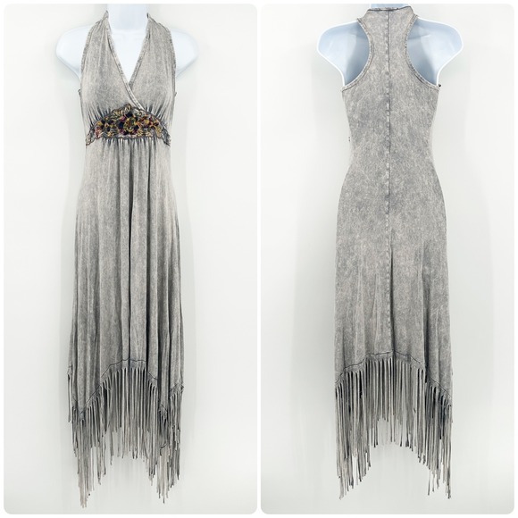T Party Womens Y2K Embroidered Halter Fringe Hem Boho Festival Maxi Dress Size S - Picture 1 of 5